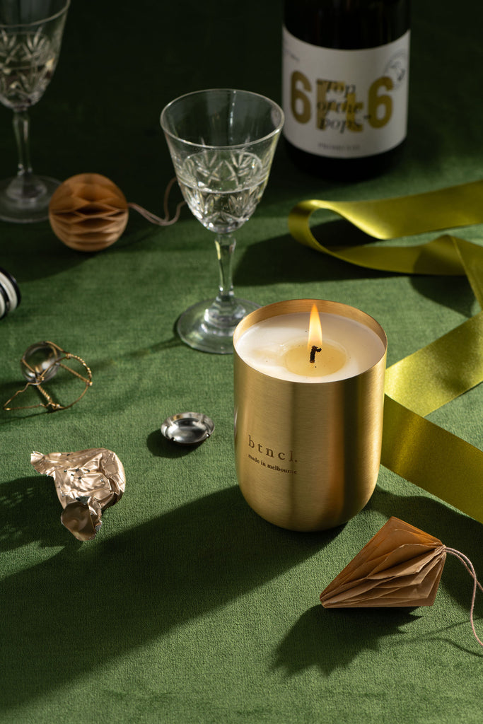 Balsam Scented Candle in brushed brass vessel by btncl. – fir needle, bayberry and cedarwood.