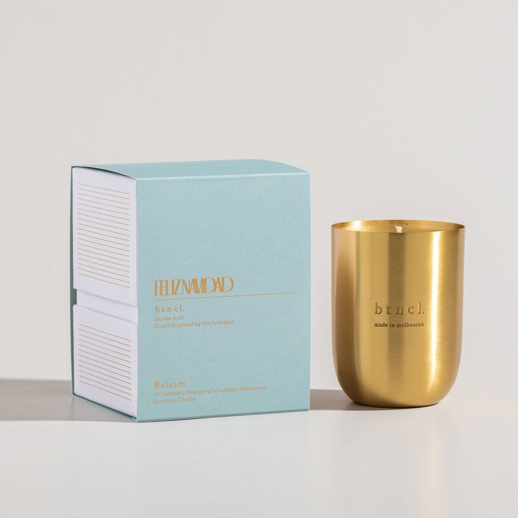 Balsam Scented Candle in brushed brass vessel by btncl. – fir needle, bayberry and cedarwood.