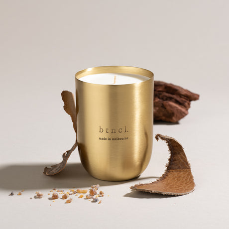 Brass candle with fresh leather and cedar wood