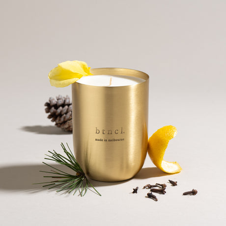Soigne candle with fresh pinecone, lemon rind and florals